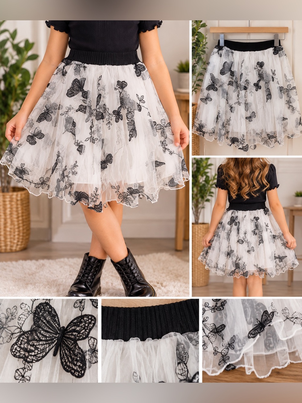 Girls’ White & Black Butterfly Tulle Skirt – Size 7Y 🦋